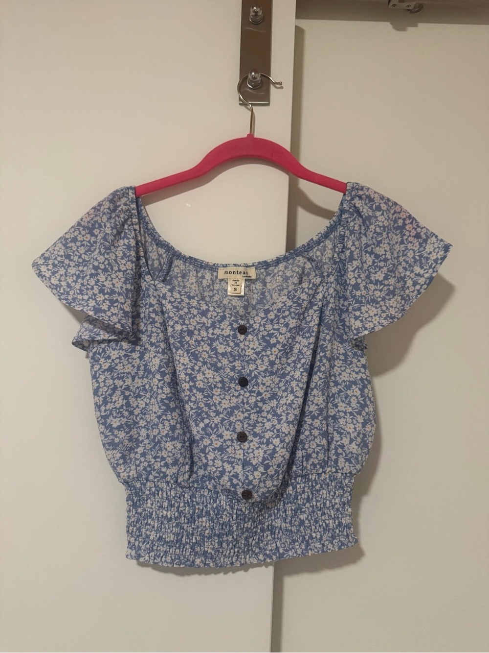 Monteau Light Blue Floral Smocked Crop Top